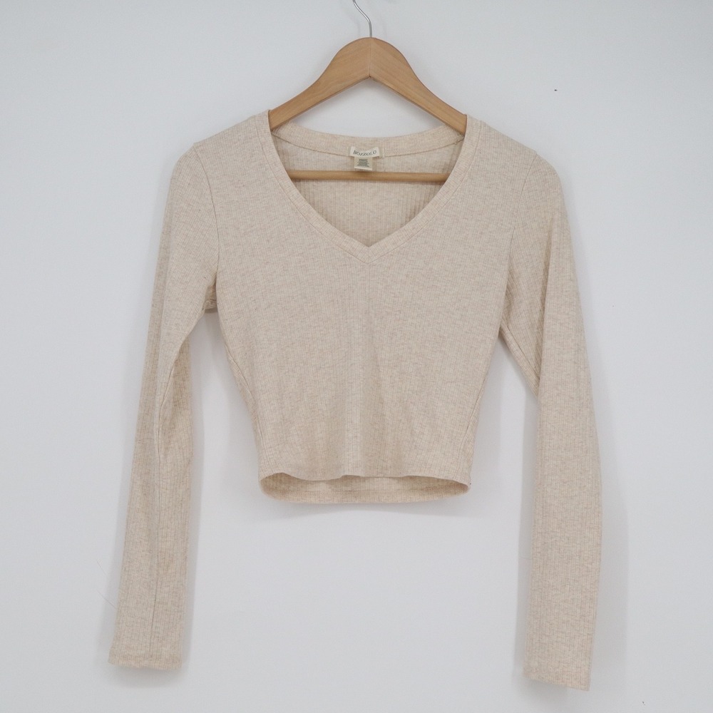 Bozzolo Womens V-Neck Ribbed Long Sleeve Crop Top Beige Oatmeal Size M